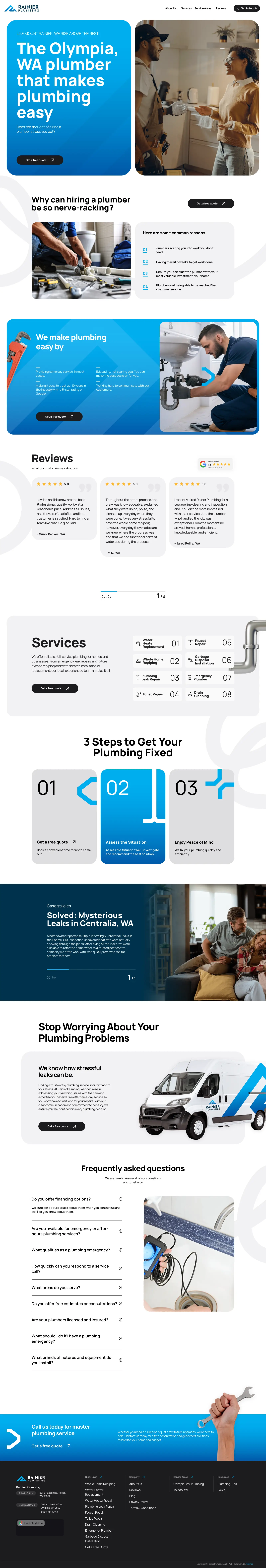 The full Rainier Plumbing homepage, top to bottom