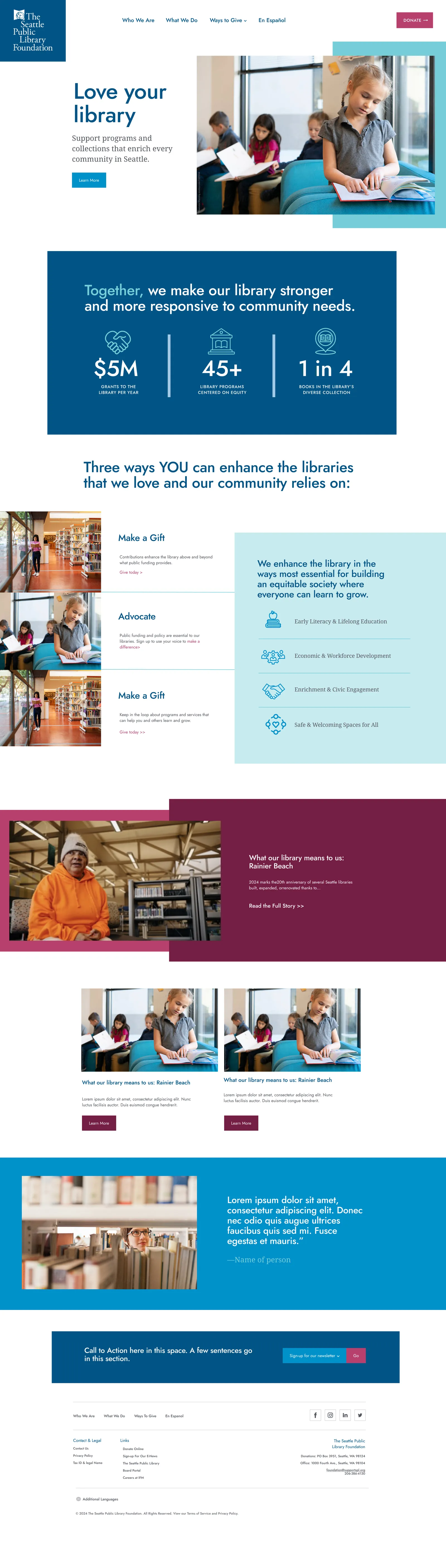 The full Seattle Public Library Foundation homepage design, top to bottom