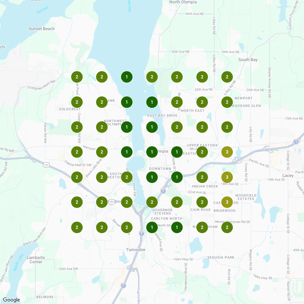 Capitol Painting local search rankings after — mostly green, ranking #1–3 across the Olympia service area