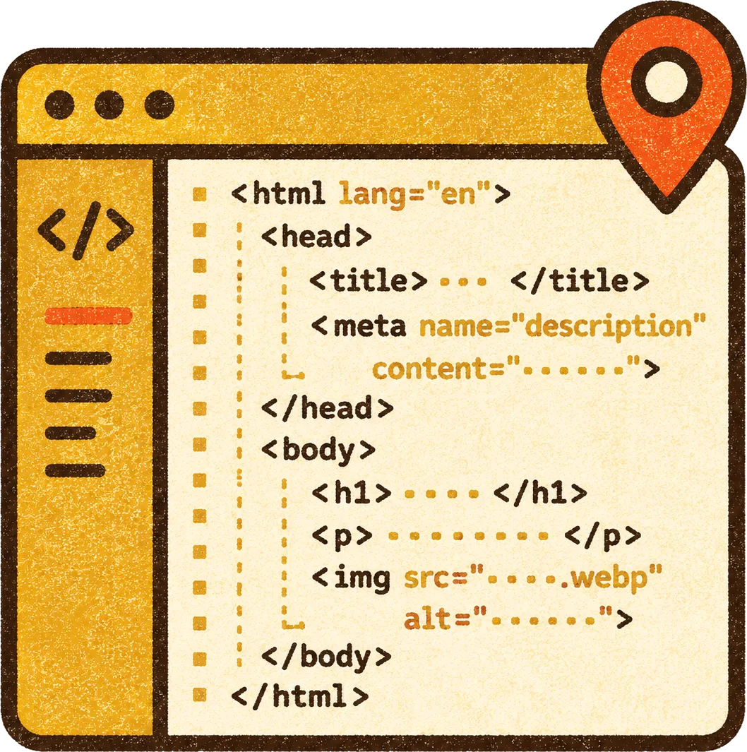A web page marked up with the title, meta description, and location signals AI reads