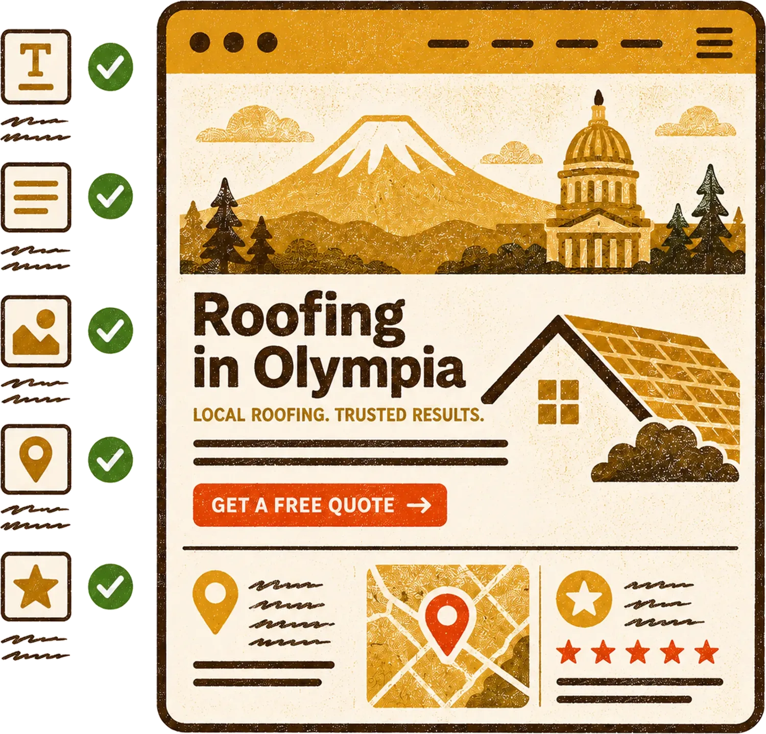 An area landing page — 'Roofing in Olympia' — with local content, map, and reviews